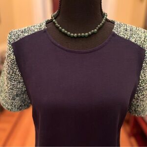 J. Crew Blouse Top Tee Navy with Green Boucle Sleeves Color Block Silk Trim